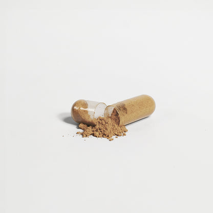 A transparent capsule of 111 & COMPANY LIVER SUPPORT CAPSULES by 111 & Company lies on a white backdrop, spilling light brown detox powder. The emptier half is on the left, creating a small mound next to the intact right half.