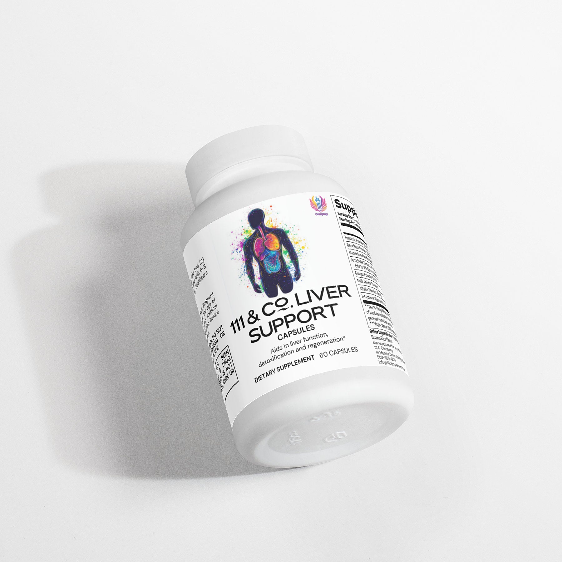A bottle labeled 111 & COMPANY LIVER SUPPORT CAPSULES from 111 & Company features a silhouette and colorful internal illustrations highlighting natural detox ingredients. It is noted for dietary supplementation with 60 capsules, positioned at an angle against a light background.