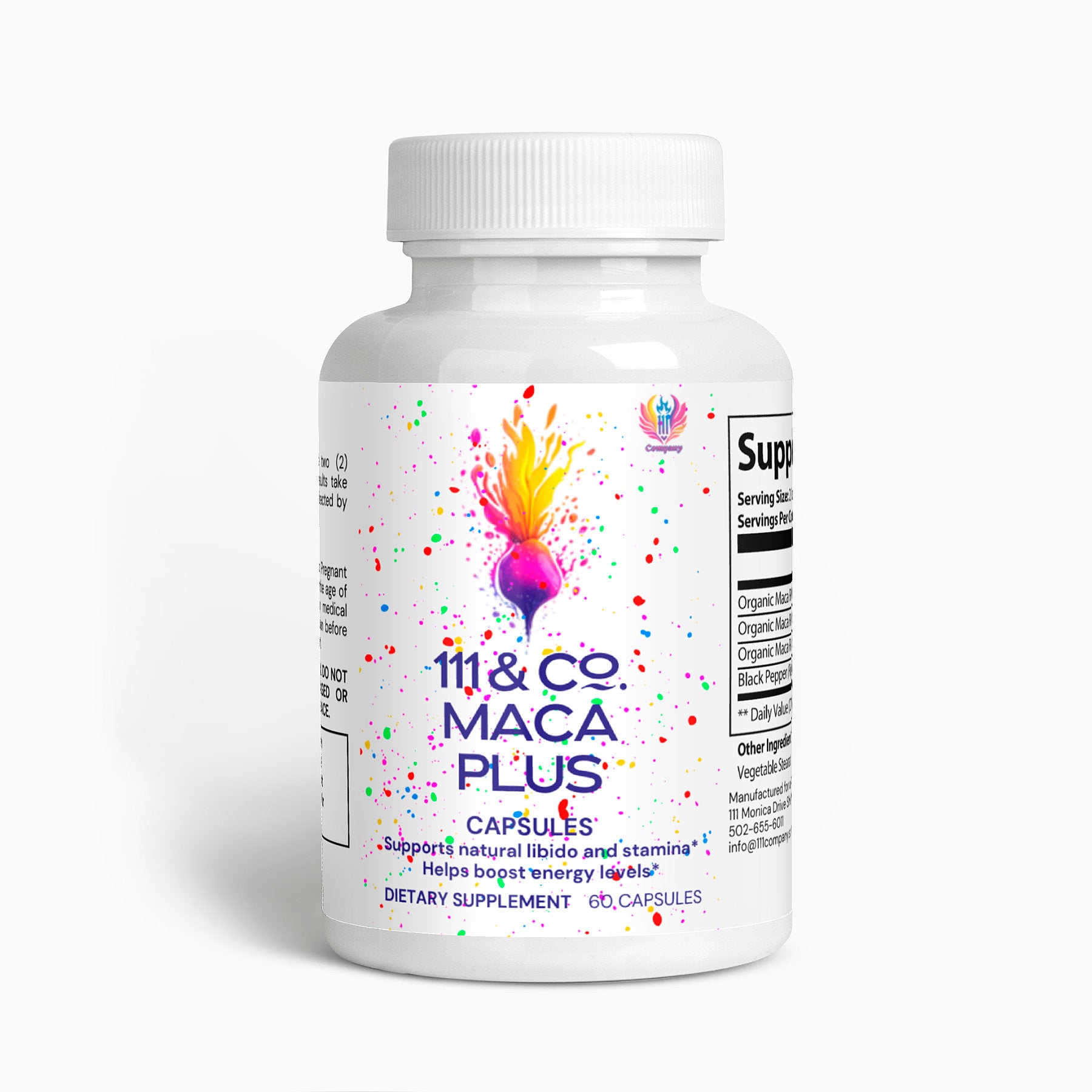 A white bottle of 111 & COMPANY MACA PLUS CAPSULES from 111 & Company stands against a plain background. The label displays a colorful splash with a purple abstract design, highlighting benefits like Supports natural libido and stamina, Energy enhancement, and dosage details for this Maca supplement.
