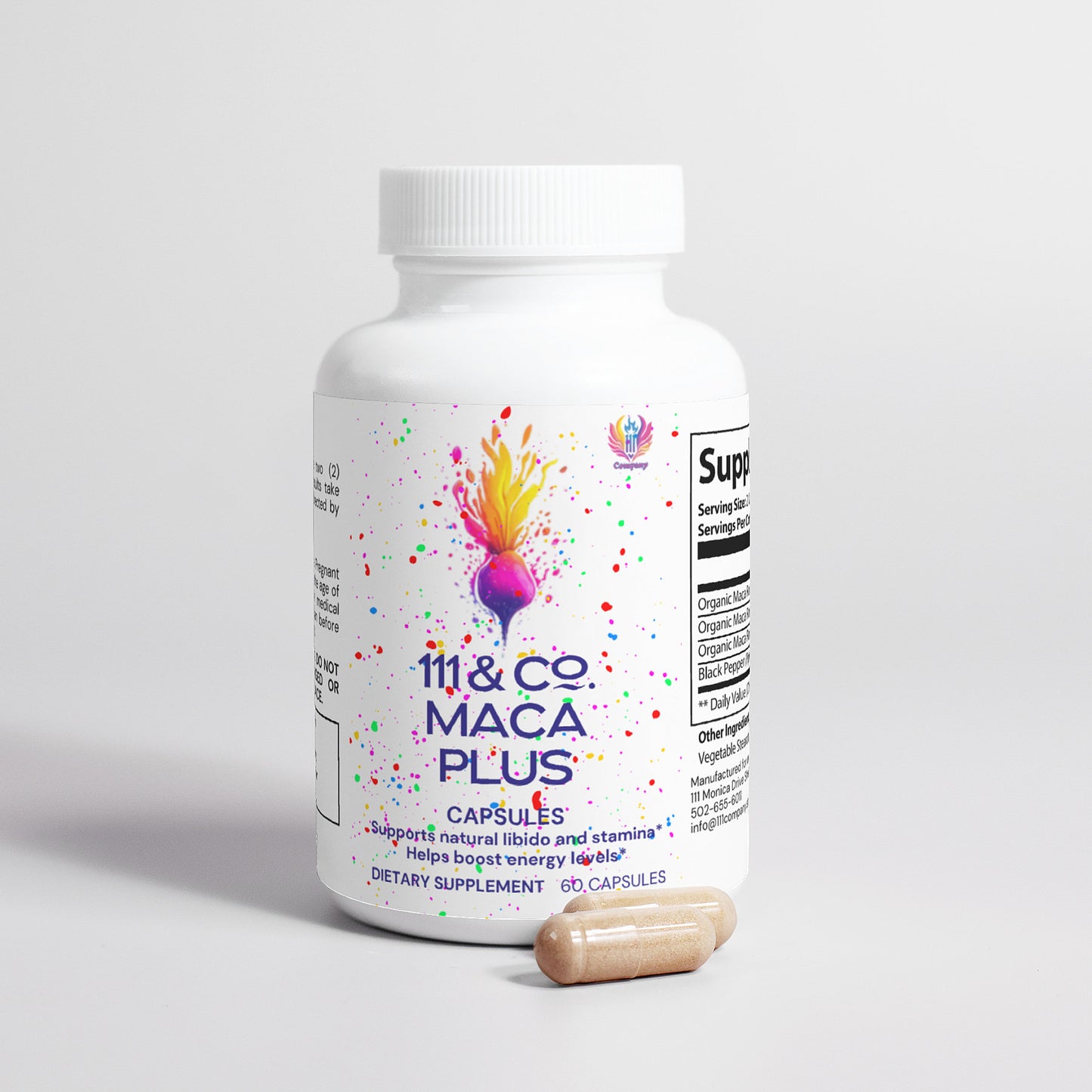 The 111 & COMPANY MACA PLUS CAPSULES bottle by 111 & Company, adorned with colorful splashes and a maca root illustration, claims to boost natural libido, stamina, and energy. It contains 60 white capsules; two beige ones are placed in front on a plain white background.