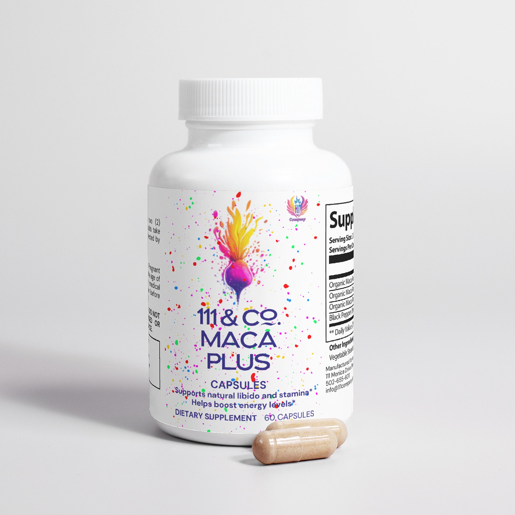 The 111 & COMPANY MACA PLUS CAPSULES bottle by 111 & Company, adorned with colorful splashes and a maca root illustration, claims to boost natural libido, stamina, and energy. It contains 60 white capsules; two beige ones are placed in front on a plain white background.