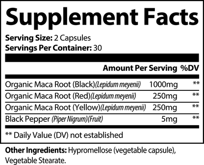 The 111 & COMPANY MACA PLUS CAPSULES by 111 & Company boast a black and white supplement facts label. Each serving delivers fertility-supporting 1000mg Black, 250mg Red, and 250mg Yellow Organic Maca Root plus 5mg Black Pepper to boost energy, with Hypromellose and Vegetable Stearate as other ingredients.