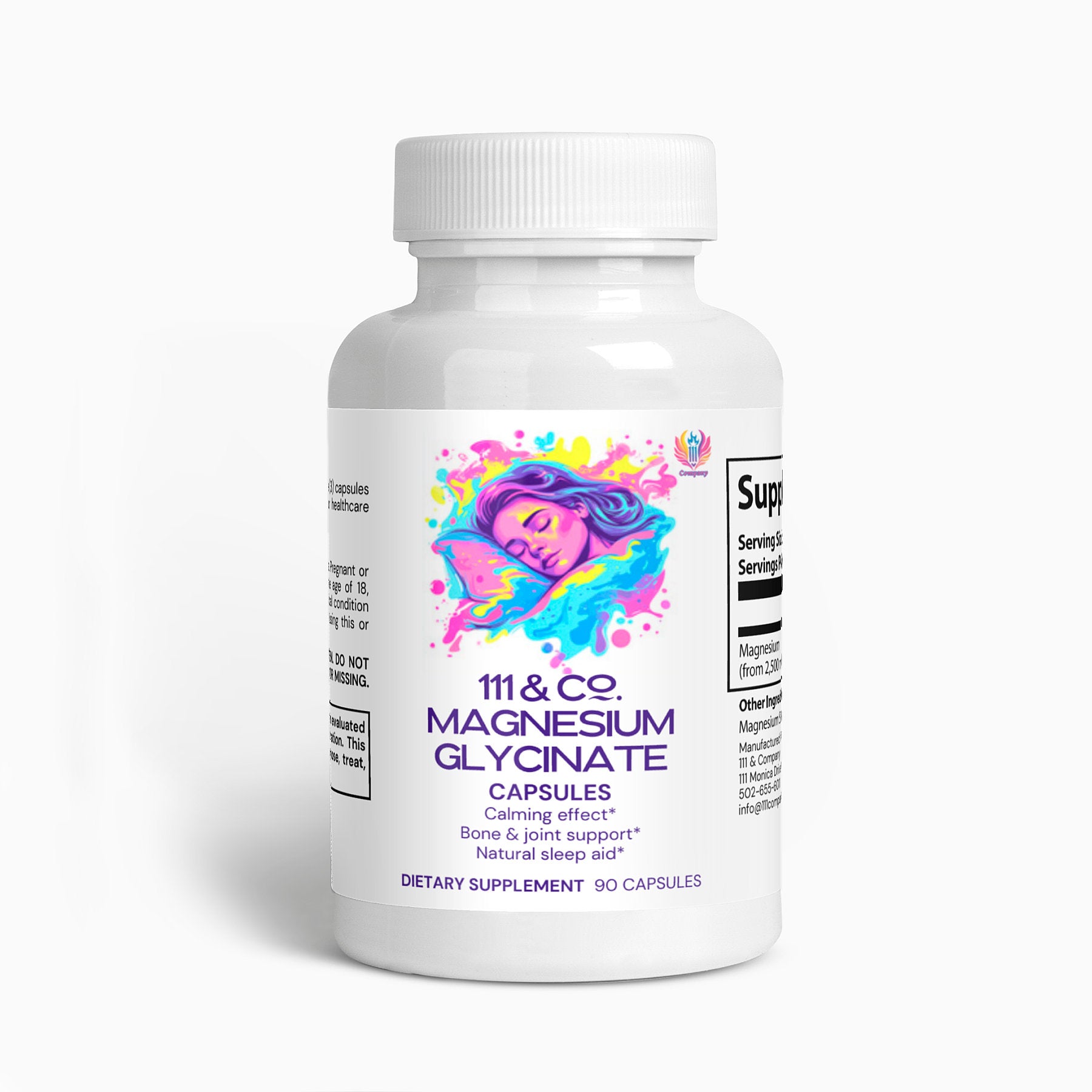 A white bottle of 111 & Company Magnesium Glycinate Capsules with a colorful label featuring a serene face. Text highlights calming effect, bone & joint support, and natural sleep aid. Contains 90 capsules of highly bioavailable magnesium supplement.