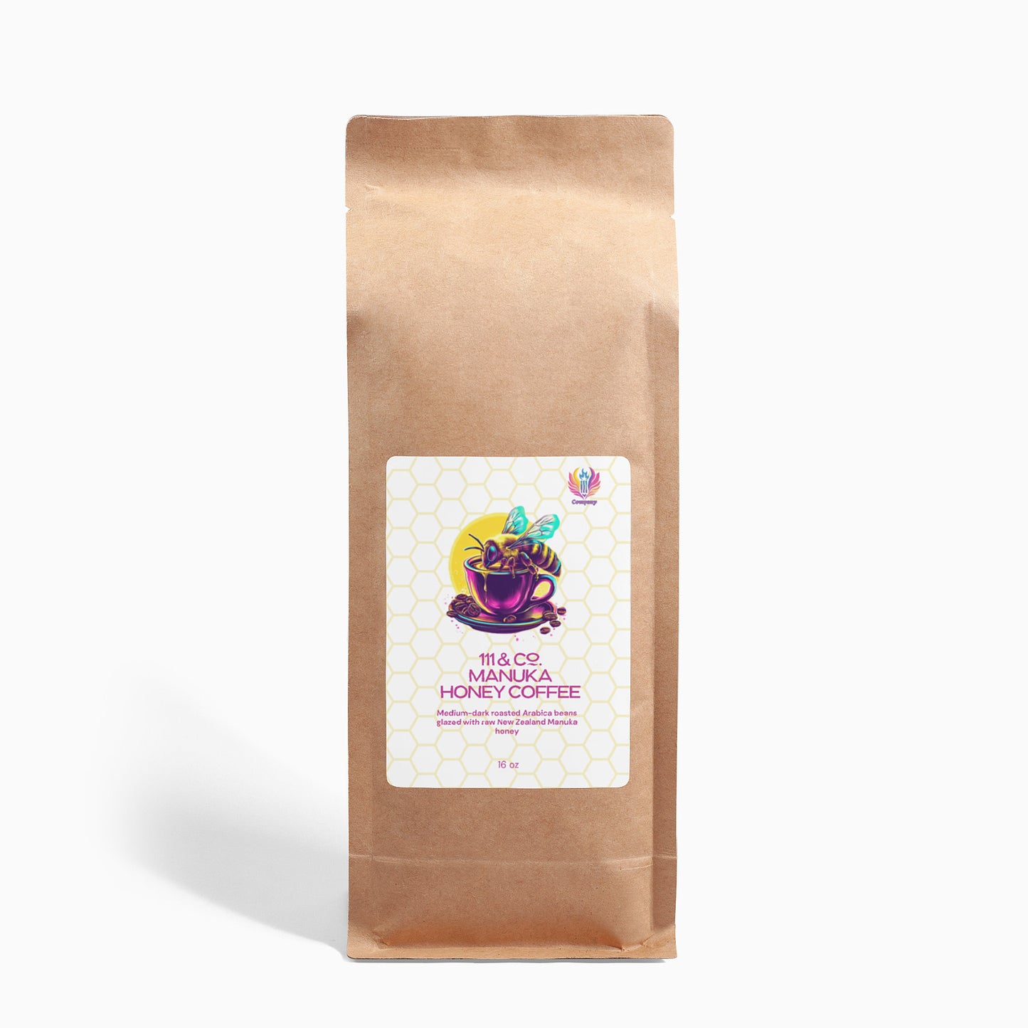 A beige bag of 111 & Company Manuka Honey Coffee sits against a white backdrop, featuring a honeycomb pattern with a purple coffee cup graphic. The label highlights its blend of Arabica beans and New Zealand Manuka Honey.