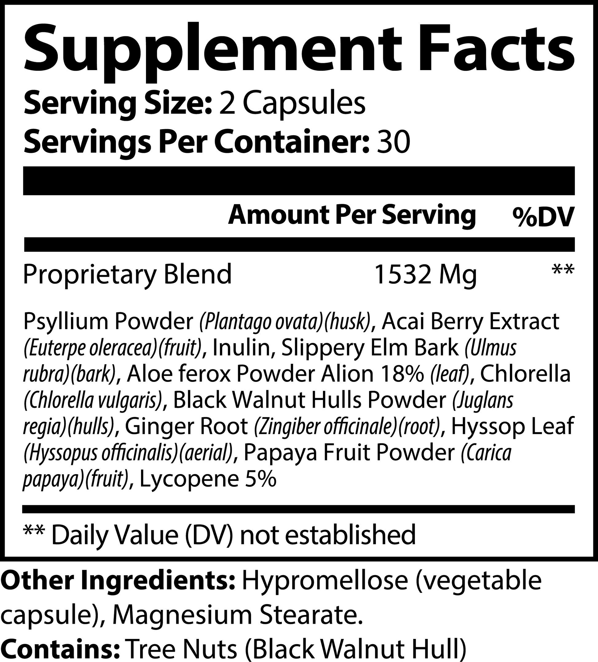 Introducing 111 & Company Max Detox (Acai Detox) Capsules by 111 & Company: a dietary supplement with natural ingredients. Each serving size of 2 capsules provides a proprietary blend totaling 1532mg, plus vegetable capsules and magnesium stearate. Contains tree nuts, with 30 servings per container.