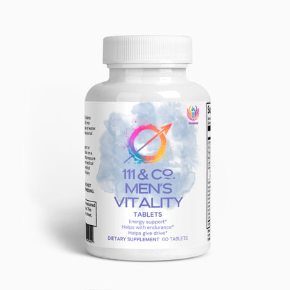 A white bottle labeled 111 & Company Mens Vitality Tablets by 111 & Company showcases a vibrant logo of a circle with an arrow. Text emphasizes energy support, endurance, and libido improvement for male enhancement. Contains 60 tablets in a striking design against a clean background.