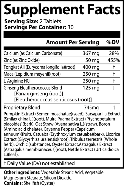 The Supplement Facts for 111 & COMPANY MENS VITALITY TABLETS by111 & Company lists a serving size of 2 tablets and 30 servings per container. It features calcium, zinc, tongkat ali, maca, a proprietary blend of 745mg, usage directions, and a shellfish allergen warning.