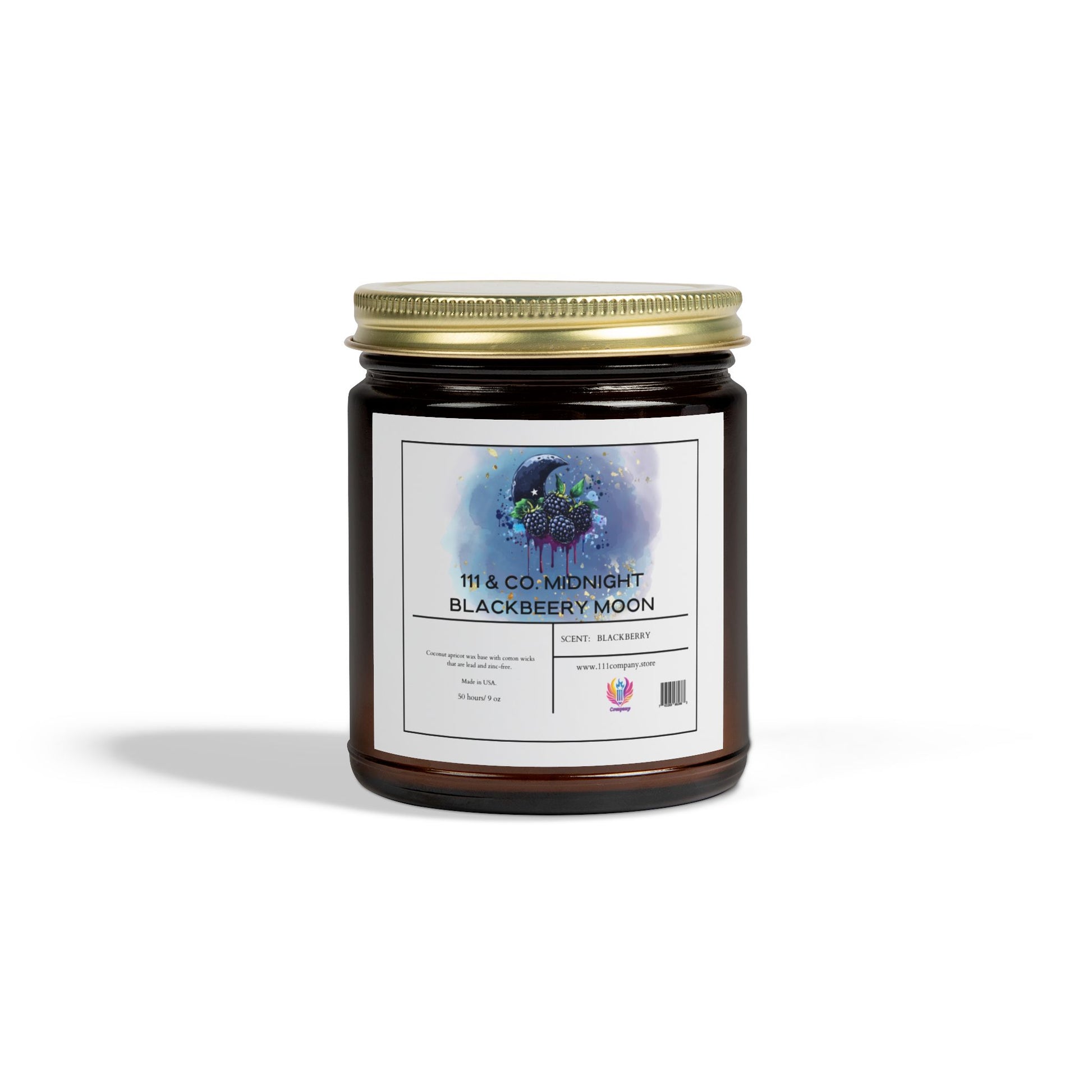 The 111 & Company Midnight Blackberry Moon candle by 111 & Company features an amber jar and gold lid, adorned with blackberries and a crescent moon over watercolor splashes. Made from coconut apricot wax, it releases a fruity aroma like lush blackberries under a midnight sky.
