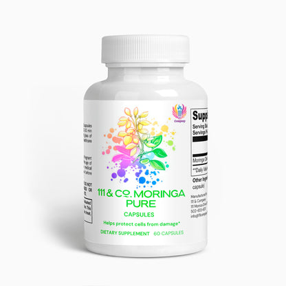 A white bottle labeled 111 & Company Moringa Pure Capsules by 111 & Company shows vibrant Moringa Oleifera graphics. The product claims to protect cells, contains 60 vegan capsules, and includes dosage instructions with a bold logo.