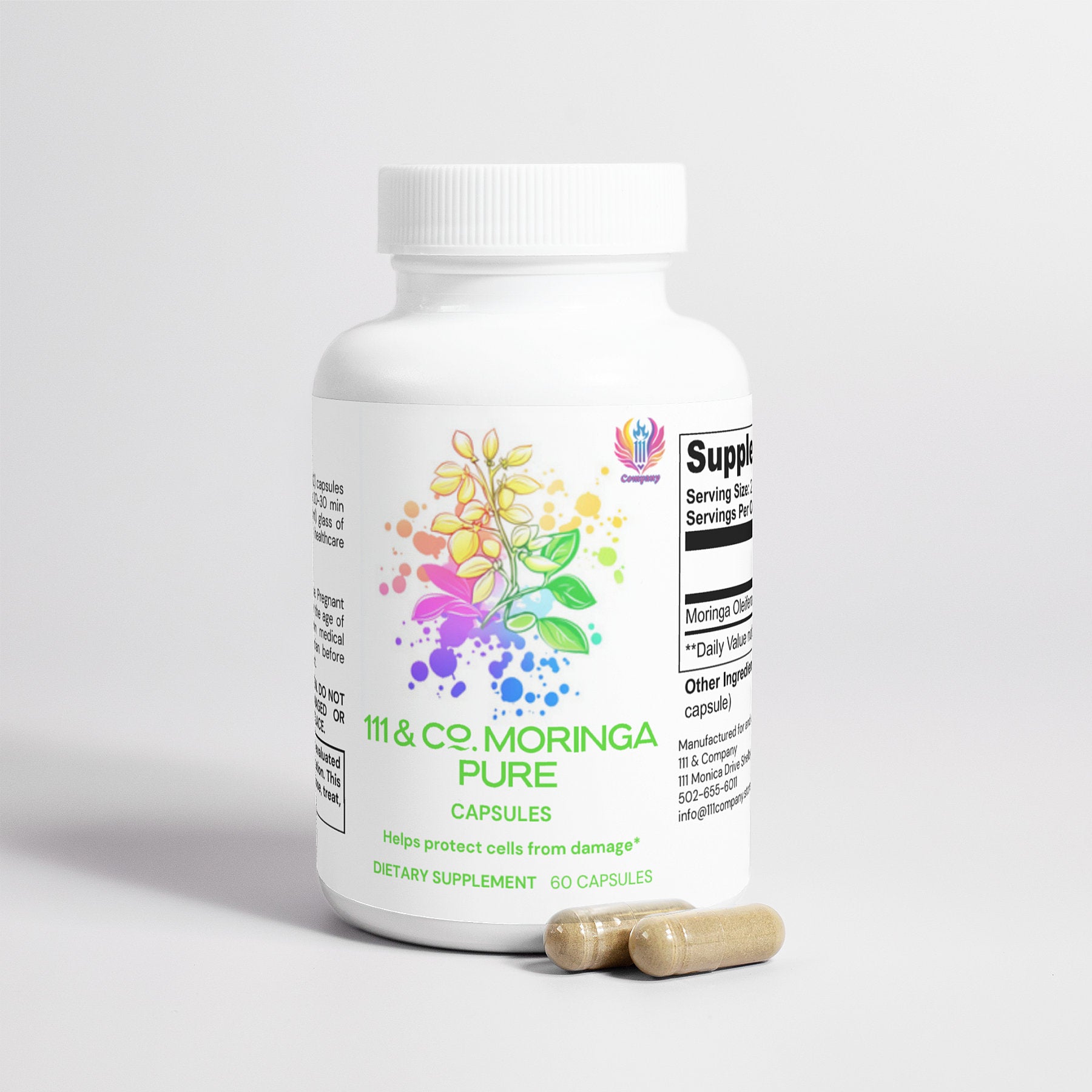 The white bottle of 111 & COMPANY MORINGA PURE CAPSULES from 111 & Company features a vibrant leaf design, promoting its nutrient benefits. It claims to help protect cells and is a vegan-friendly supplement with 60 capsules; alongside it, two beige capsules flank the white screw cap.
