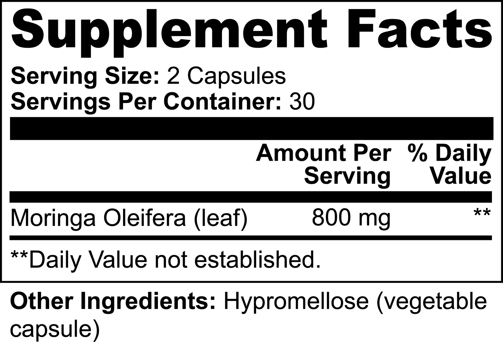 The supplement facts label for 111 & COMPANY MORINGA PURE CAPSULES by 111 & Company indicates its a nutrient-rich, vegan-friendly product with a serving size of 2 capsules, yielding 30 servings per container. Each serving provides 800 mg Moringa Oleifera (leaf), with hypromellose as the capsule ingredient.