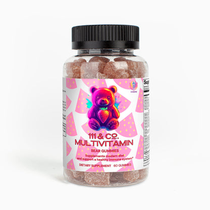 A clear jar with a black lid holds brown gummy bears. The label features a colorful bear illustration with a heart, set against pink shapes. It reads 111 & Company Multivitamin Bear Gummies (Adult), promoting overall wellness with dosage and supplement details included.