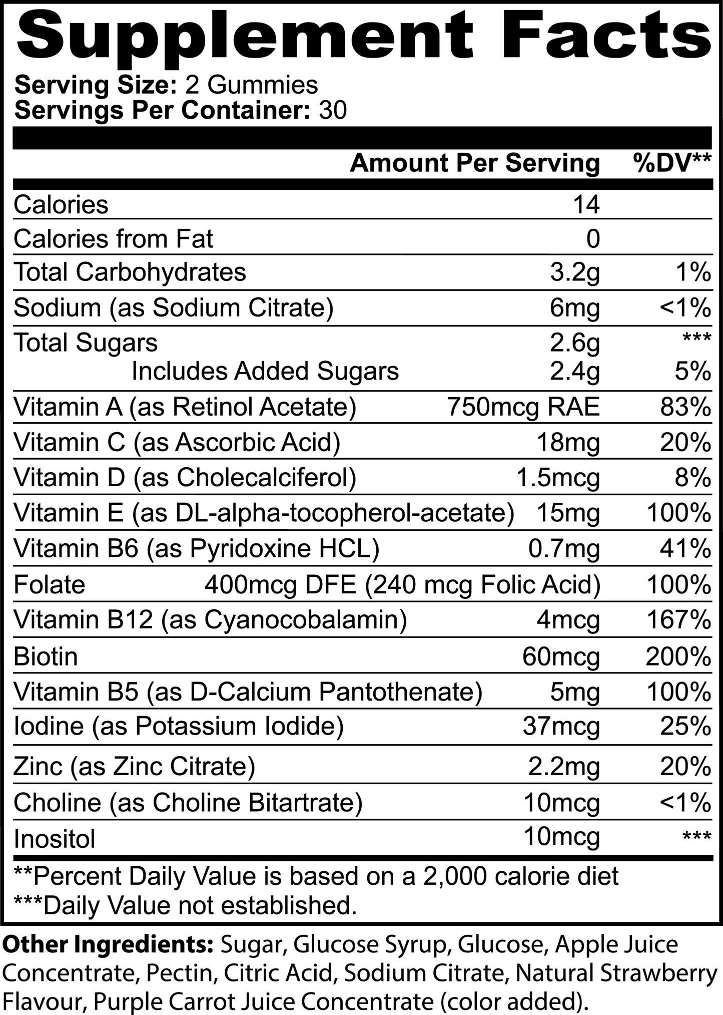 111 & Companys Multivitamin Bear Gummies for adults offers 30 servings of two gummies each. The label details include calories, Vitamin A (750mcg, 83% DV), and Vitamin D (1.5mcg, 8% DV). Contains added sugars and ingredients like water and citric acid for overall wellness.