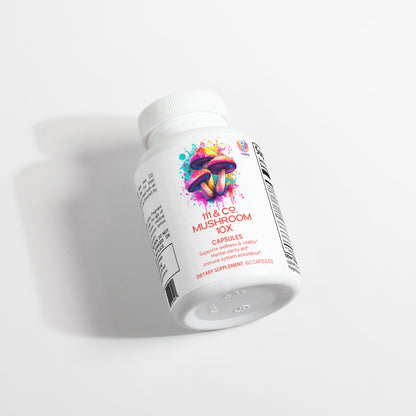 A white bottle of 111 & COMPANY MUSHROOM COMPLEX 10 X CAPSULES from 111 & Company sits on a light surface. The vibrant label with mushroom illustrations reads Supercharges Vitality and Dietary Supplement 60 Capsules, with nutritional information displayed on the side.