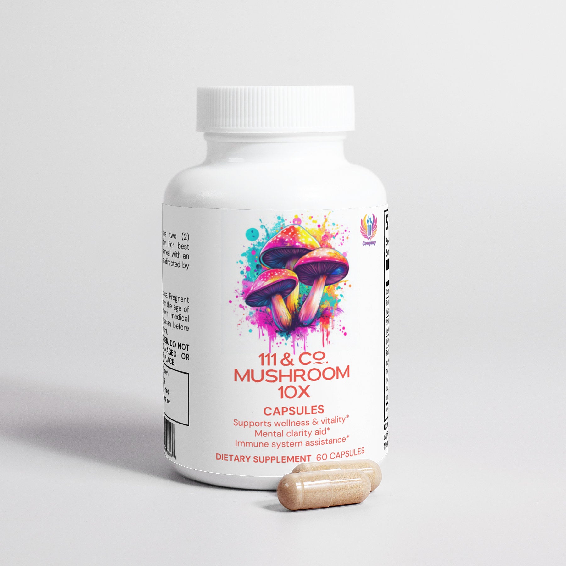 The 111 & Company Mushroom Complex 10X Capsules bottle, with a vibrant mushroom illustration, leverages adaptogenic medicinal mushrooms to boost wellness, vitality, mental clarity, and immunity. It contains 60 capsules; two are placed beside the 111 & Company branded bottle on a light surface.