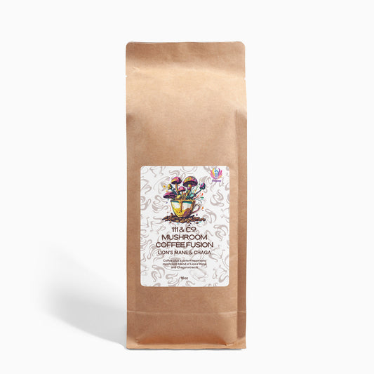 A brown paper bag features a vibrant label with a mushroom illustration, stating 111 & Company Mushroom Coffee Fusion - Lions Mane & Chaga. The brand 111 & Company tops the design, framed by subtle mushroom motifs.