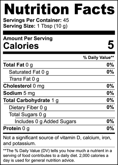 The nutrition facts label for 111 & Company Mushroom Coffee Fusion - Lion’s Mane & Chaga (16oz) reveals per 1 Tbsp (10g) serving: 5 calories, 0g fat, 0mg cholesterol, 5mg sodium, 1g carbs, and 0g protein. It offers no significant vitamins or minerals. Contains approximately 45 servings per container.