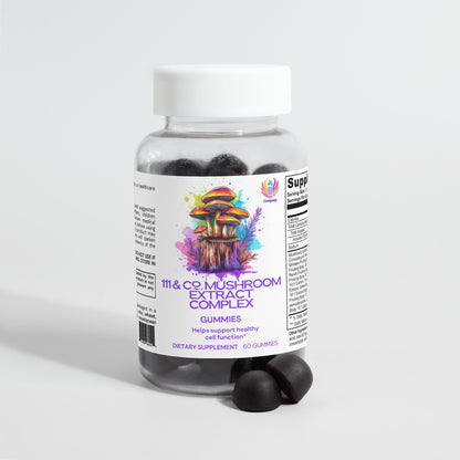 A clear plastic bottle labeled 111 & COMPANY MUSHROOM COMPLEX GUMMIES by 111 & Company holds 60 mushroom-shaped black gummies. The colorful label with mushrooms claims to support healthy cell and cognitive functioning. The bottle sits on a white surface.