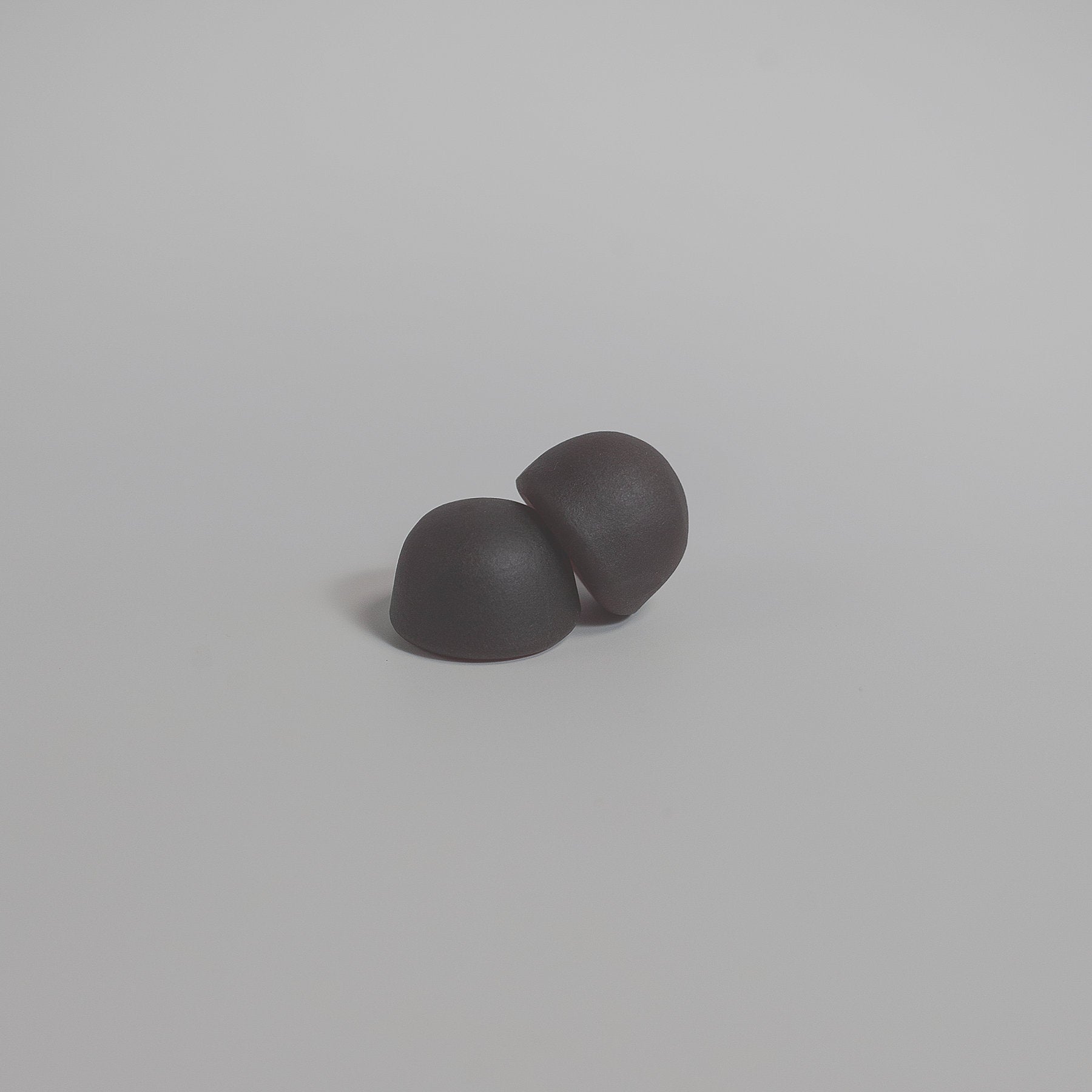 Two small, smooth, black hemispherical objects rest on a light gray surface. Like  111 & COMPANY MUSHROOM COMPLEX GUMMIES, they are positioned together, casting subtle shadows that highlight their shape and texture.
