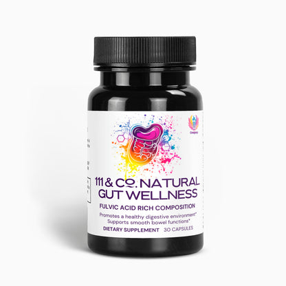 A black bottle from 111 & Company, labeled 111 & COMPANY NATURAL GUT WELLNESS CAPSULES, showcases vibrant digestive artwork and a Fulvic Acid Rich Composition to enhance gut health and support smooth bowel functions. It contains 30 capsules for optimal digestion.