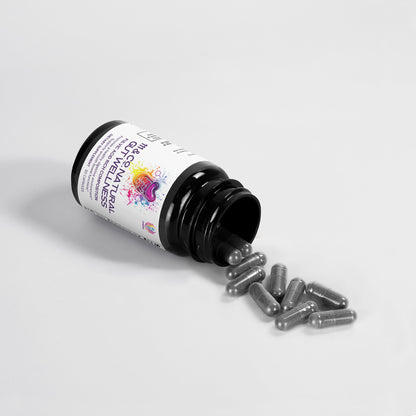 A dark bottle labeled 111 & COMPANY NATURAL GUT WELLNESS CAPSULES by 111 & Company is tipped over on a white surface, spilling gray capsules. The label features colorful graphics and text, highlighted under bright lighting to showcase the capsules and contents.