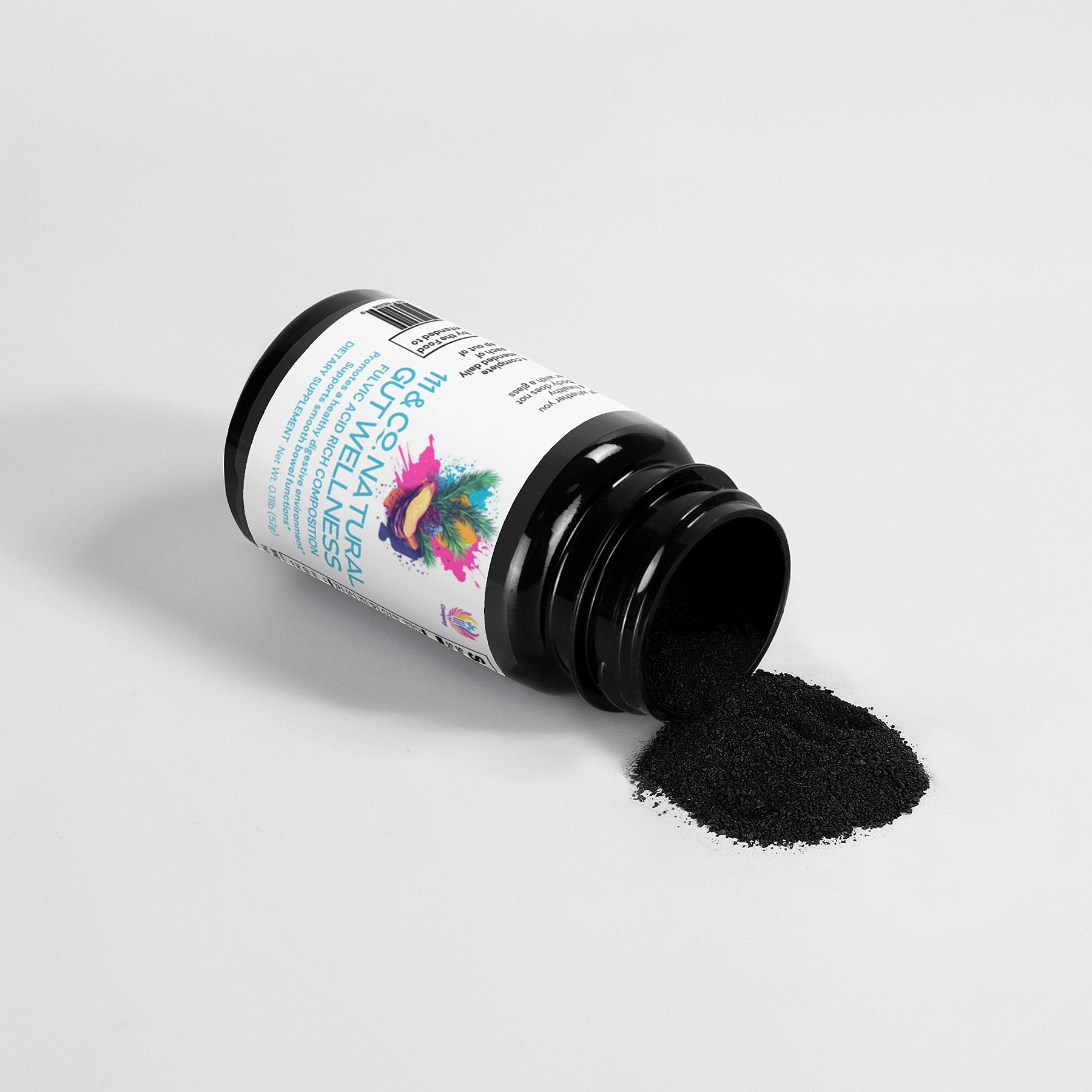 A bottle of 111 & COMPANY GUT WELLNESS POWDER lies on its side, spilling black powder onto a light gray background. The vibrant label highlights its fulvic acid content, essential for digestive health and a balanced gut microbiome.