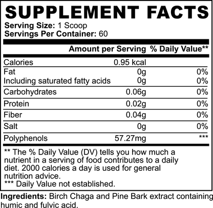The 111 & COMPANY GUT WELLNESS POWDER offers a supplement facts label for 1 scoop per serving, with 60 servings per container. It has 0.95 kcal, 0g fat, and 0.06g carbs, includes birch chaga and pine bark extracts, fulvic acid for gut health, and contains 57.27mg polyphenols.