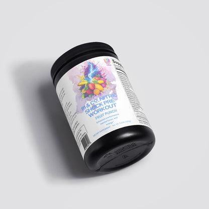 A black container of 111 & COMPANY NITRIC SHOCK PRE-WORKOUT POWDER by 111 & Company sports a white label with fruit splashes and the words Fruit Punch. Its designed for an energy boost, with nutritional info on the side, sitting on a light gray surface.