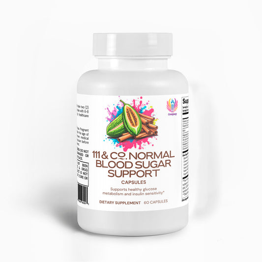 A white bottle of 111 & COMPANY NORMAL BLOOD SUGAR SUPPORT CAPSULES features a colorful label with sliced tropical fruit, promoting support for glucose metabolism and insulin sensitivity. It contains 60 capsules and is set against a plain white background.