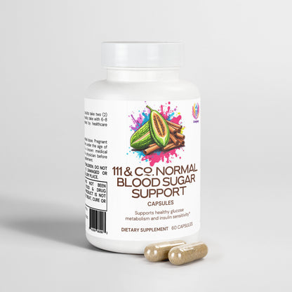 A white bottle labeled 111 & COMPANY NORMAL BLOOD SUGAR SUPPORT CAPSULES from 111 & Company is shown, featuring a colorful splash design with cinnamon sticks and sliced fruit. It emphasizes insulin sensitivity and glucose metabolism. The bottle contains 60 dietary supplement capsules visible beside it.