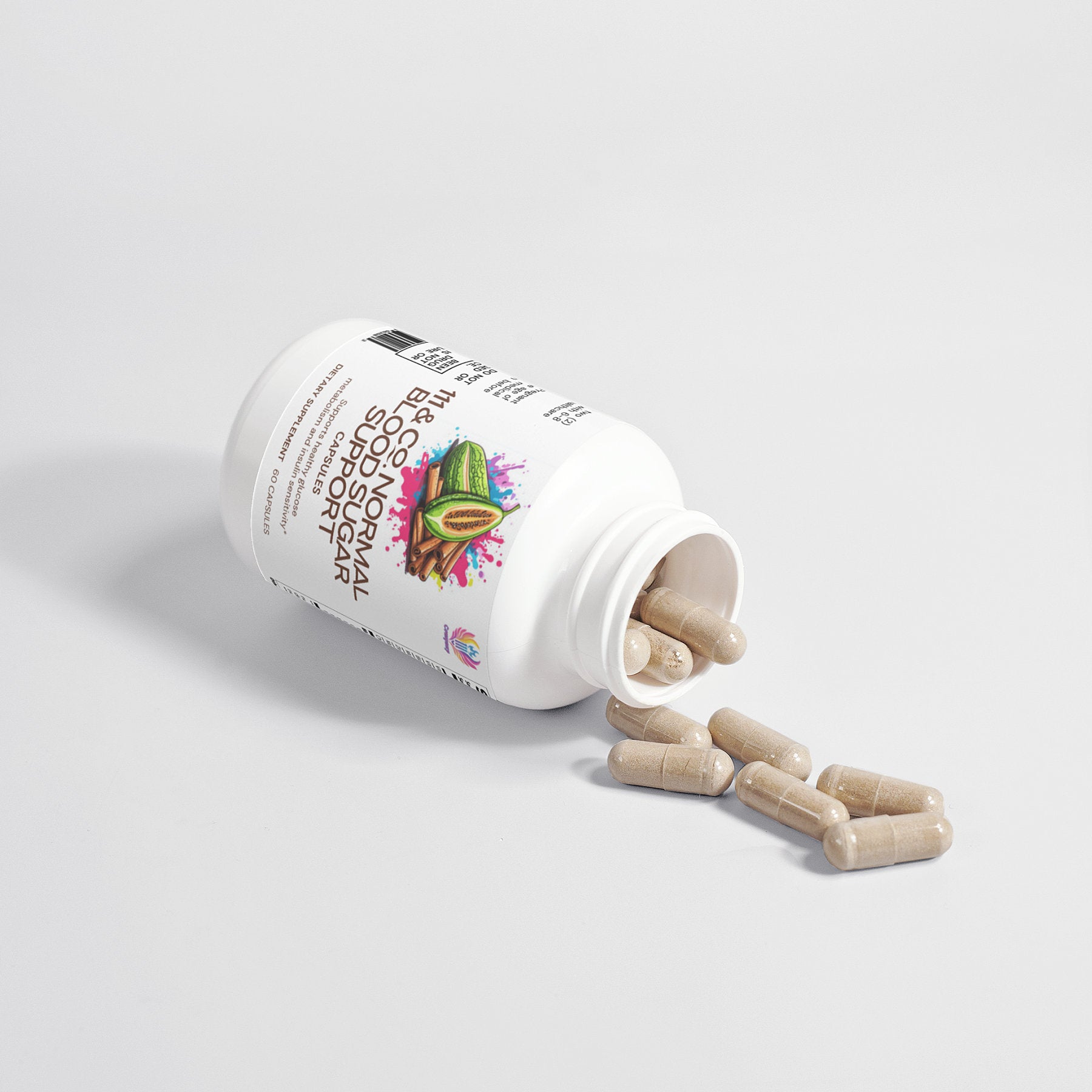 An open bottle of  111 & COMPANY NORMAL BLOOD SUGAR SUPPORT CAPSULES lies on its side, with beige capsules spilling out. The label features brightly colored illustrations and text on a plain white background, highlighting natural wellness.