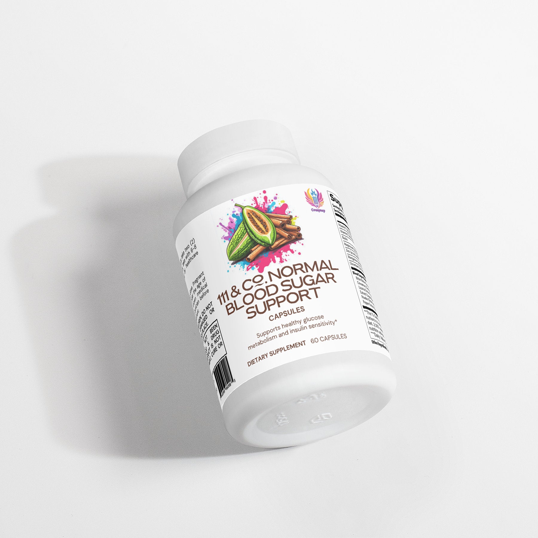 A white bottle labeled 111 & Company Normal Blood Sugar Support Capsules by 111 & Company is shown on a white background. The label features colorful fruit illustrations and lists ingredients such as fenugreek for boosting insulin sensitivity. Contains 60 capsules, dietary supplement, with a side QR code.