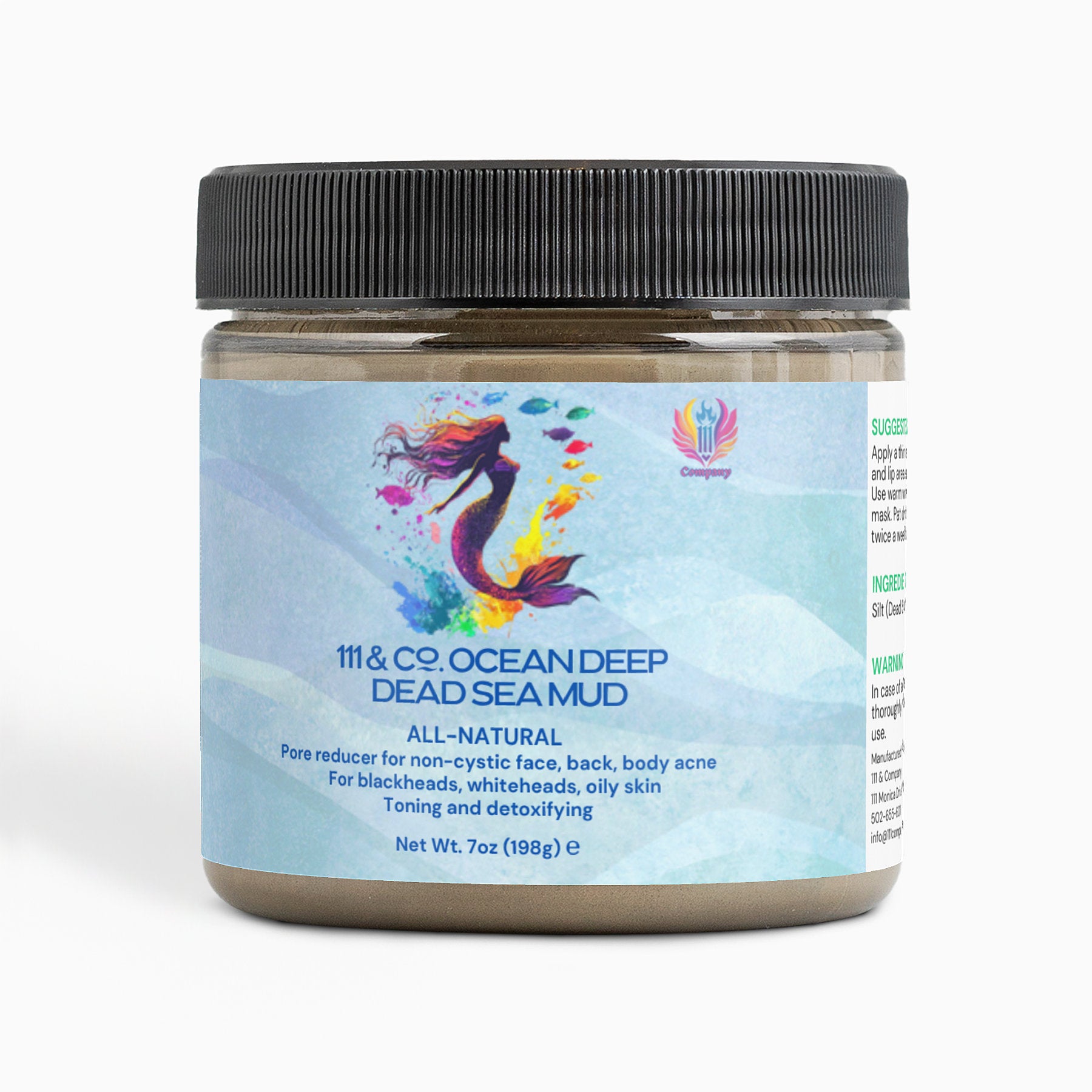 111 & Company  presents the 111 & Co. OCEAN DEEP DEAD SEA MUD with a mermaid illustration. This 7oz (198g) mineral-rich formula detoxifies and tones, perfect for non-cystic acne, blackheads, and oily skin, while being all-natural for natural skincare.