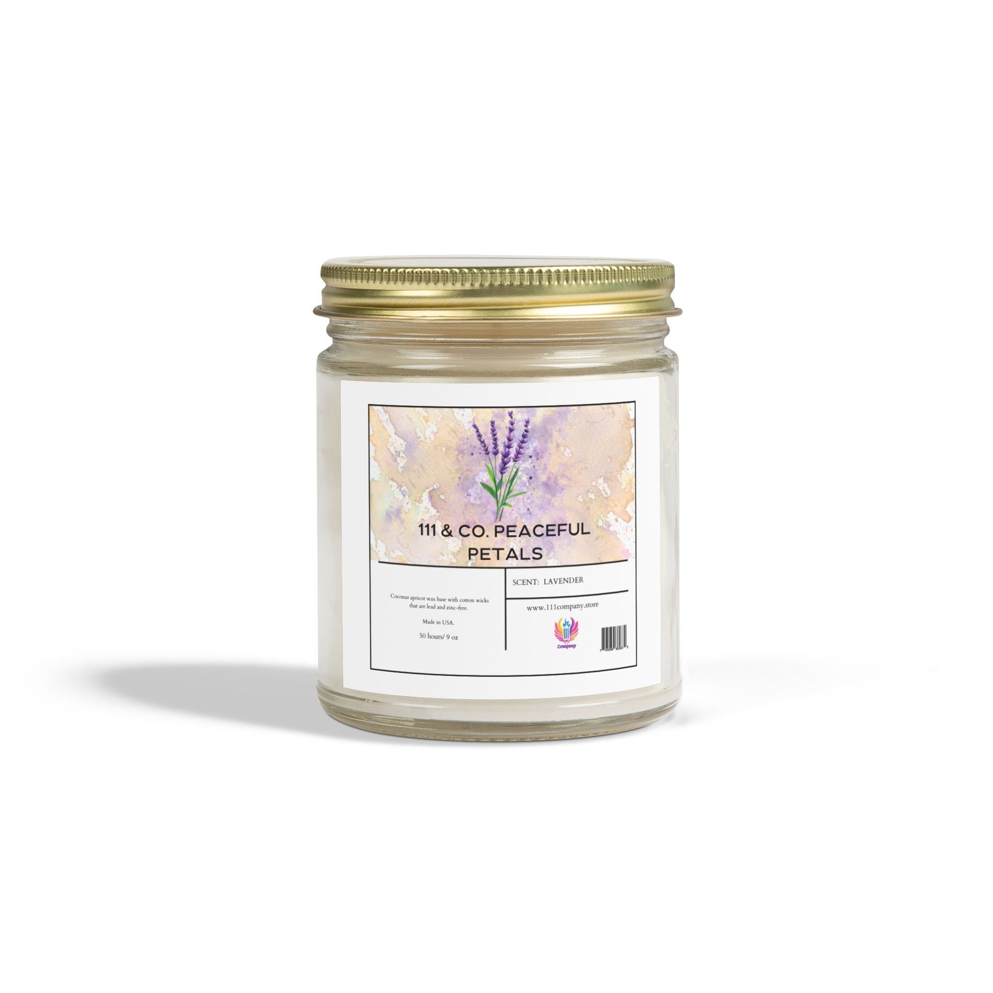 The 111 & COMPANY PEACEFUL PETALS candle by 111 & Company features a lavender scent in a clear glass jar with a gold metal lid and a watercolor lavender sprigs illustration. Made from eco-friendly coconut apricot wax, it offers relaxation in a clean, minimal design with white background.
