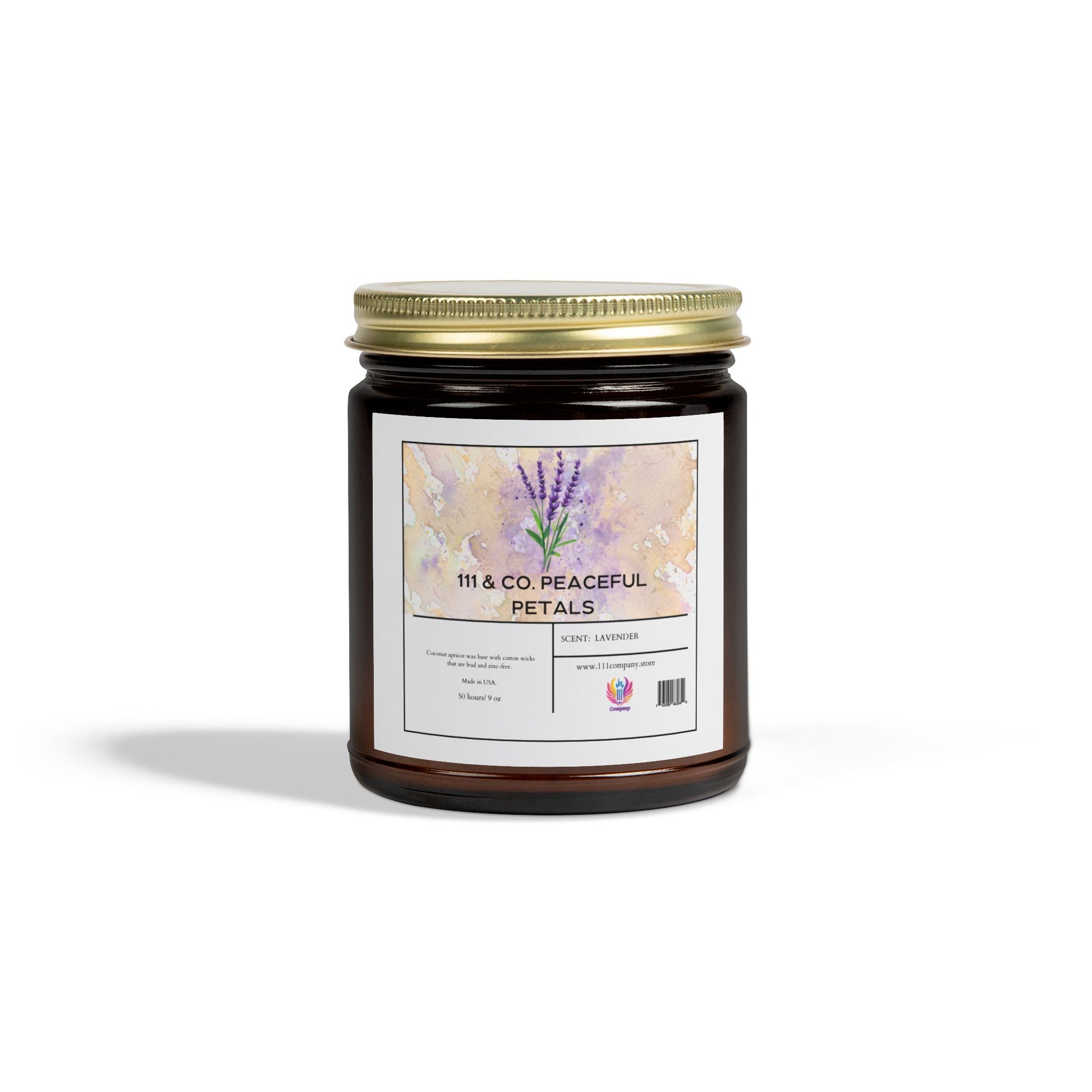 The 111 & Company Peaceful Petals candle comes in a brown glass jar with a gold lid, featuring a watercolor label with lavender flowers. This eco-friendly, coconut apricot wax candle offers relaxation and is presented elegantly on a plain white background.