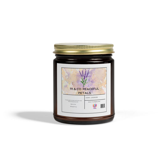 A 9oz amber jar candle with a golden lid labeled 111 & Co. Peaceful Petals by 111 & Company. The white label features lavender illustrations and the scent Lavender, exuding a relaxing, eco-friendly vibe. It casts a soft shadow on the plain white background, evoking natural serenity.
