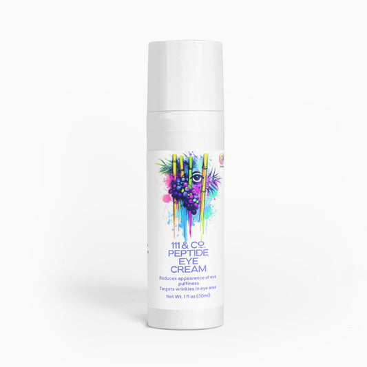 A white bottle of 111 & COMPANY PEPTIDE EYE CREAM by 111 & Company features colorful abstract art with an eye illustration, enriched with acetyl tetrapeptide-5 to reduce puffiness and target wrinkles. Contains 1 fl. oz (30ml) on a white background.