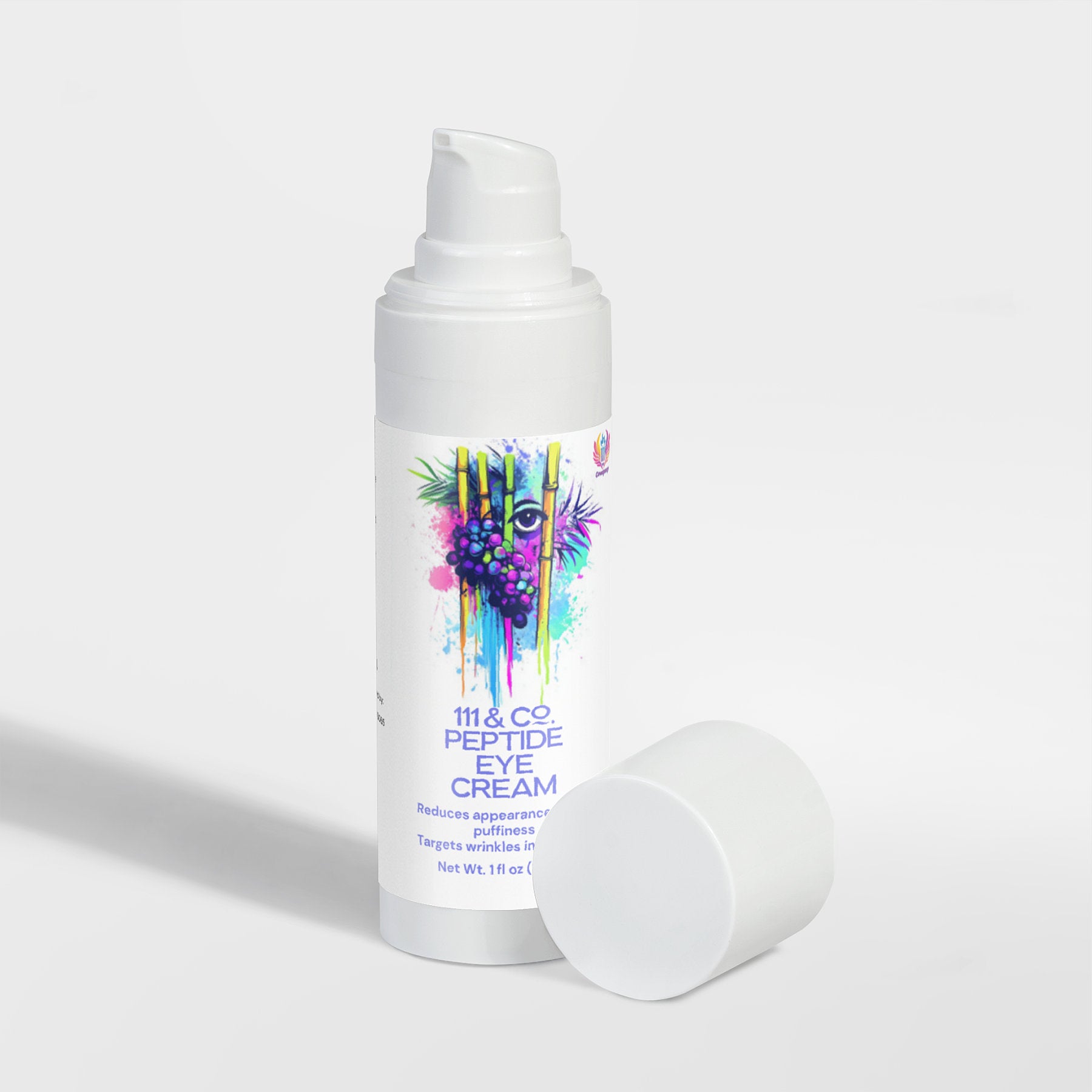 A white bottle of 111 & Company Peptide Eye Cream with a pump stands on a light gray surface, emphasizing its powerful wrinkle reduction benefits. The label features vibrant eye art in purple and teal. Enhanced with sodium hyaluronate, it ensures ultimate hydration.