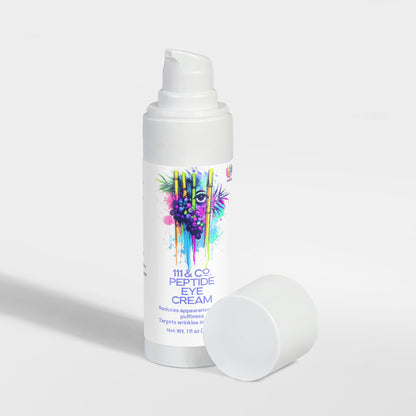 A white bottle of 111 & Company Peptide Eye Cream with a pump stands on a light gray surface, emphasizing its powerful wrinkle reduction benefits. The label features vibrant eye art in purple and teal. Enhanced with sodium hyaluronate, it ensures ultimate hydration.