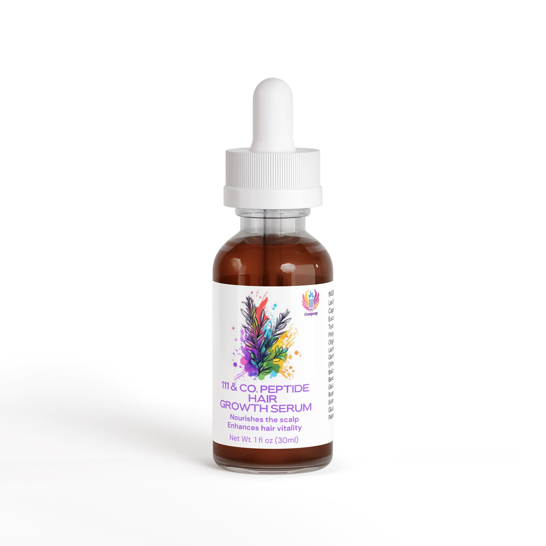 A brown glass dropper bottle labeled 111 & Company Peptide Hair Growth Serum, featuring colorful abstract artwork and a white dropper cap. This 1 fl oz (30ml) serum nourishes the scalp and supports thicker hair.