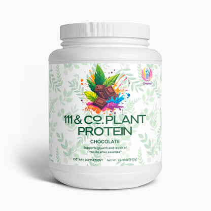 A white container of 111 & Company Plant Protein (Chocolate) features a label with vibrant chocolate pieces, colorful splashes, and green leaves. Its described as a dietary supplement for muscle growth and recovery, with a net weight of 29.98 oz (850g).