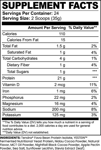 The 111 & COMPANY PLANT PROTEIN (CHOCOLATE) by 111 & Company has a black and white supplement facts label detailing muscle recovery info, serving size, servings per container, and nutritional details like 110 calories and 15g protein per serving. Ingredients include Fava Bean Plant Protein and MCT oil. Percent Daily Values are based on a 2,000 calorie diet.