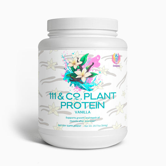 A white 29.7 oz (844 g) container of 111 & Company Plant Protein (Vanilla) features a floral label with text highlighting its benefits for growth, muscle recovery, and repair post-exercise, boasting an optimal amino acid profile against a white background.