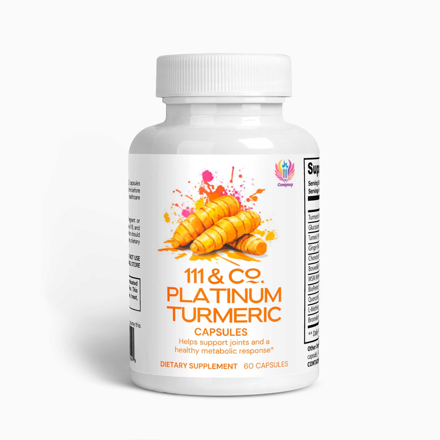 The image shows a 111 & Company Platinum Turmeric Capsules bottle from 111 & Company, featuring a splash design with turmeric roots and Boswellia Extract. The label claims to support joints and a healthy metabolic response. The bottle contains 60 dietary supplement capsules.