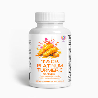 The image shows a 111 & Company Platinum Turmeric Capsules bottle from 111 & Company, featuring a splash design with turmeric roots and Boswellia Extract. The label claims to support joints and a healthy metabolic response. The bottle contains 60 dietary supplement capsules.