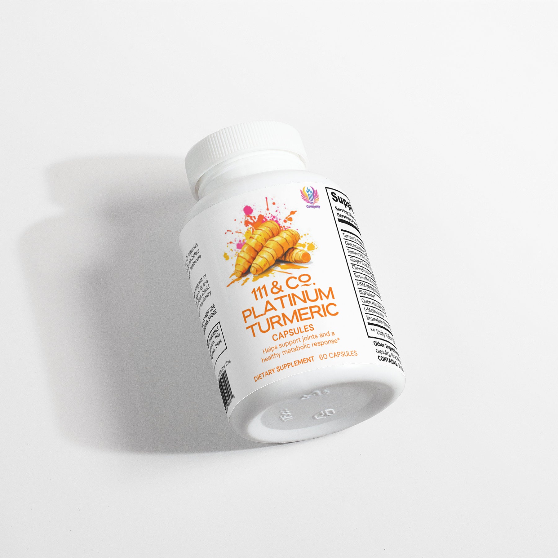 A white plastic bottle of 111 & COMPANY PLATINUM TUMERIC CAPSULES from 111 & Company lies on its side, highlighting turmeric root graphics and stating Powerful antioxidant and anti-inflammatory with Boswellia Extract. It contains 60 dietary supplement capsules, with more details on the side.