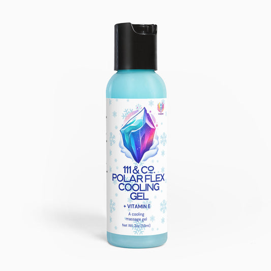 The 111 & Company Polar Flex Cooling Gel by 111 & Company, in a blue 2oz (60ml) bottle with a black cap, is designed for pre/post-workout skincare. It displays ice crystal and snowflake graphics, offering soothing relief with natural ingredients and Vitamin E.