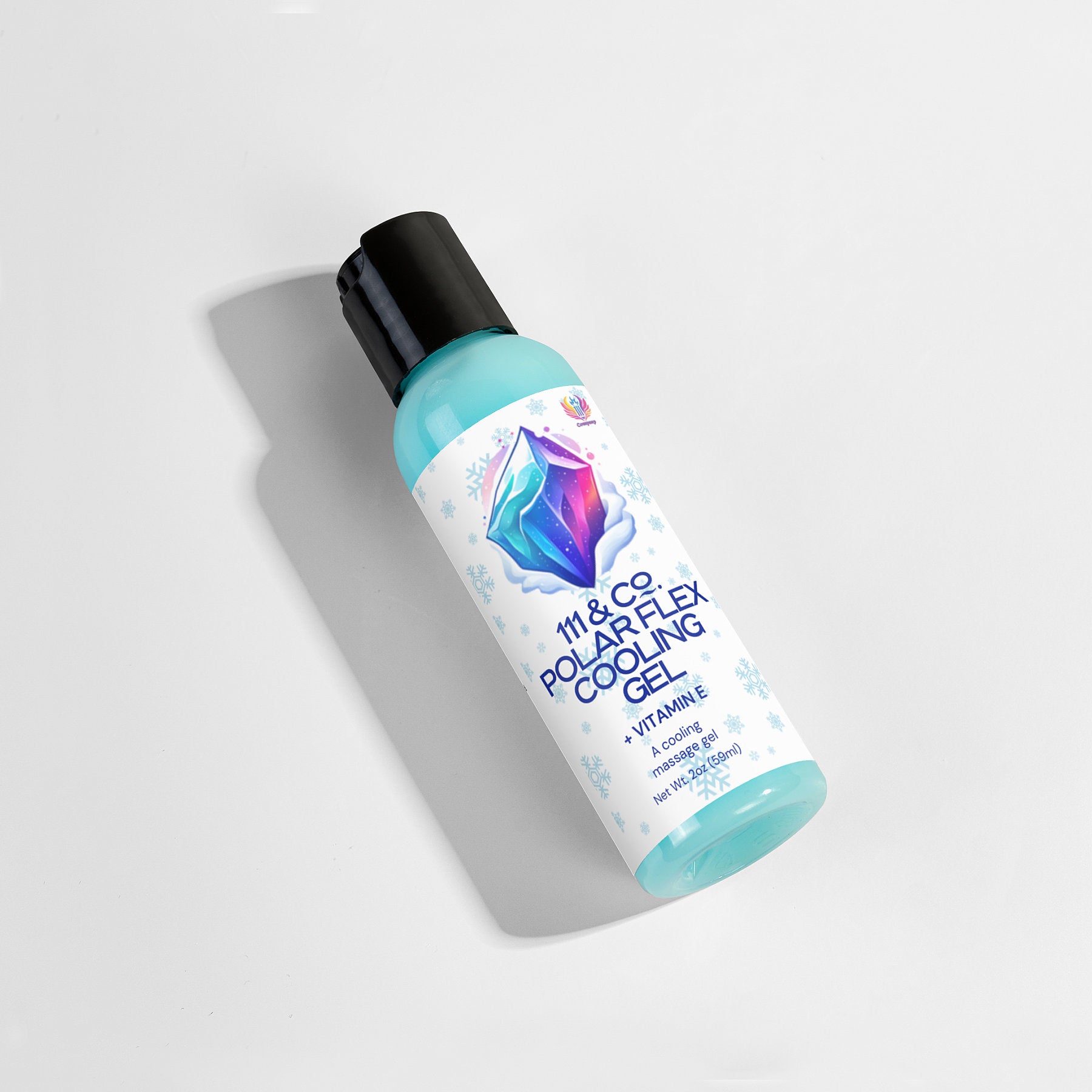 A bottle of 111 & Company Polar Flex Cooling Gel is set against a white background, highlighting its light blue hue and black cap. The label features an icy design with a snowflake pattern, emphasizing cooling effects and natural ingredients ideal for pre- and post-workout skincare. Brand: 111 & Company.
