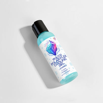 A bottle of 111 & Company Polar Flex Cooling Gel is set against a white background, highlighting its light blue hue and black cap. The label features an icy design with a snowflake pattern, emphasizing cooling effects and natural ingredients ideal for pre- and post-workout skincare. Brand: 111 & Company.
