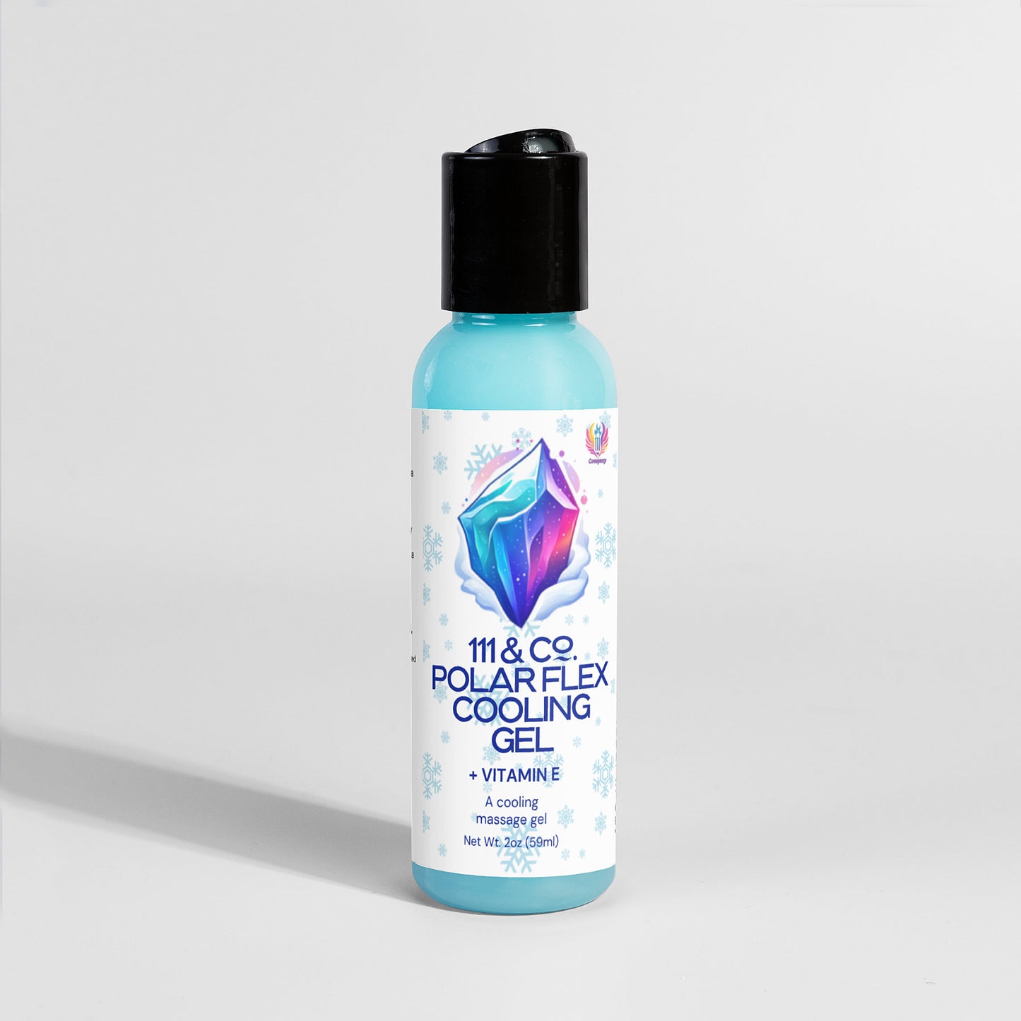A blue bottle of 111 & Company Polar Flex Cooling Gel, featuring an icy snowflake and ice cube design, is labeled as a cooling massage gel with natural ingredients and a net weight of 200ml. Its ideal for workout skincare with a black flip-top cap on a light background.